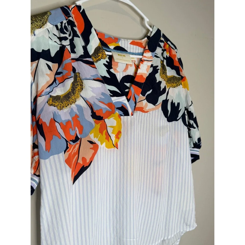 Maeve by Anthropologie Floral Mixed Print Striped Blouse XS Puff Sleeve